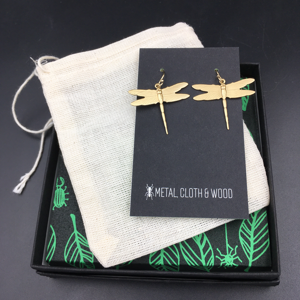 Brass and Gold Dragonfly Dangle Insect Earrings -- Perfect Gift for any Dragonfly Lover -- Available in Bright Gold or Antiqued Brass Finish