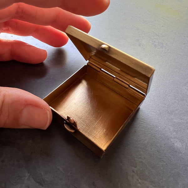 Clean and Simple 1.5" Square Brass Pill or Trinket Box — Push Button Mechanism Opens Lid!