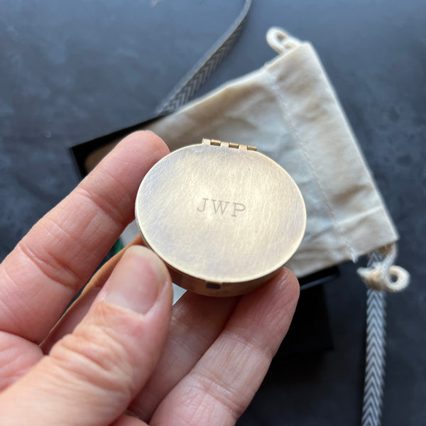 Custom Engraved Small Round 1.6" Brass Pill or Trinket Box with Your Choice of Engraving  on Lid — Perfect Pillbox for Purse or Pocket!