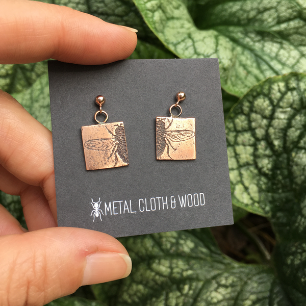 Handmade Copper and Rose Gold Filled Stud Earrings with Fly Insect Charms