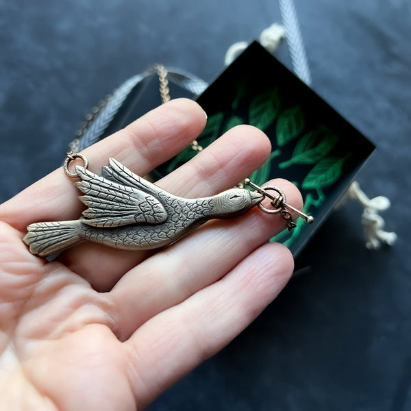 Bronze Hand Carved Goose Necklace with Toggle Clasp — Engraveable Bird Statement Necklace — You Choose the Length!