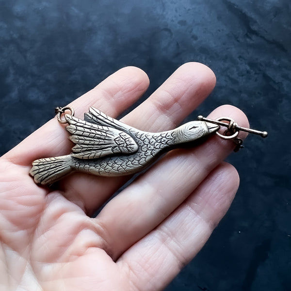 Bronze Hand Carved Goose Necklace with Toggle Clasp — Engraveable Bird Statement Necklace — You Choose the Length!