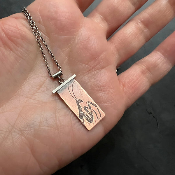 Customizable Handmade Praying Mantis Necklace in Sterling Silver and Copper — Perfect for Entomologists,  Insect Lovers, and Gardeners!