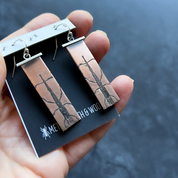 Handmade Giraffe Weevil Insect Earrings in Sterling Silver & Copper --  Unique Gift for Your Favorite Insect Lover!