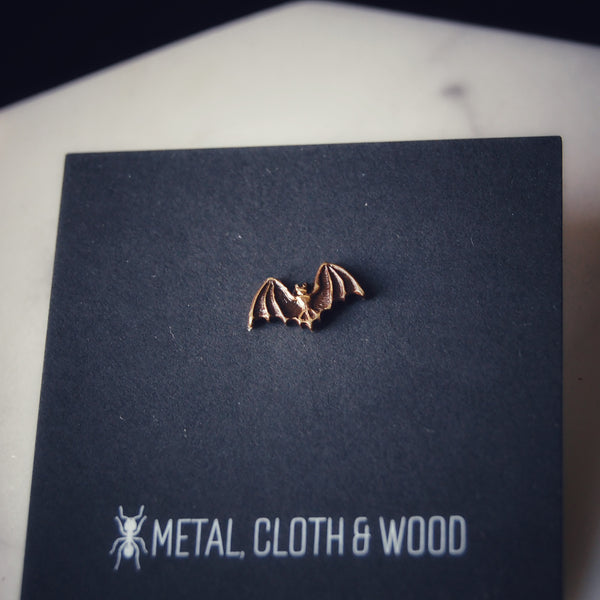 Tiny Brass Vampire Bat Tie Tack or Pin — Available in Both Bright Gold and Antiqued Brass Finishes