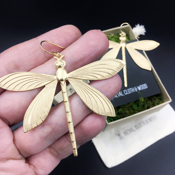 Brass Dragonfly Insect Earrings -- Available in Antiqued or Bright Gold!