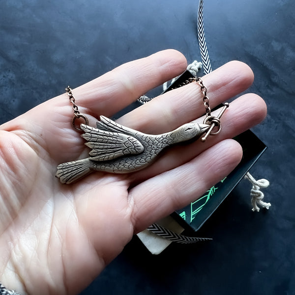 Bronze Hand Carved Goose Necklace with Toggle Clasp — Engraveable Bird Statement Necklace — You Choose the Length!