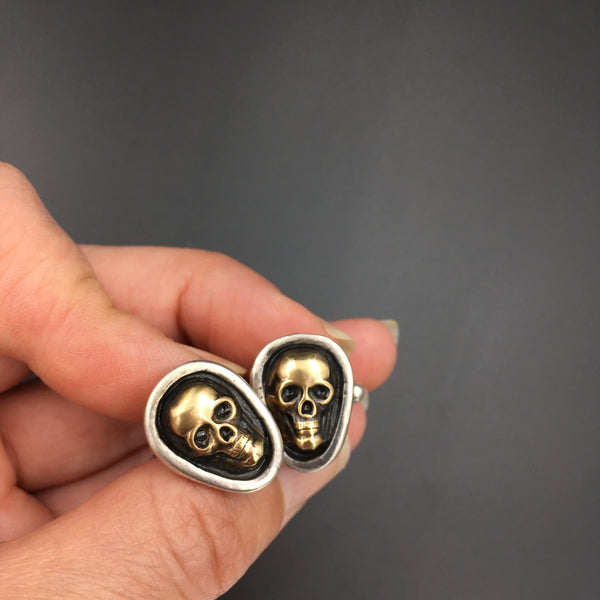 Handcrafted Sterling Silver Skull Cufflinks with Brass Accents – Gothic Wedding Jewelry | Unisex Antiqued Cuff Links for Men & Women