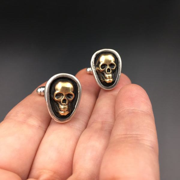 Handcrafted Sterling Silver Skull Cufflinks with Brass Accents – Gothic Wedding Jewelry | Unisex Antiqued Cuff Links for Men & Women