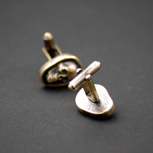 Handcrafted Brass Skull Cufflinks – Gothic Wedding Jewelry | Antiqued Gender Neutral Gold Cuff Links | Rocker, Biker & Alternative Formalwear Gift