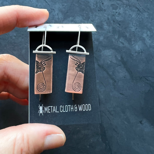 Handmade Moth Face Insect Jewelry Earrings in Antiqued Copper & Sterling Silver