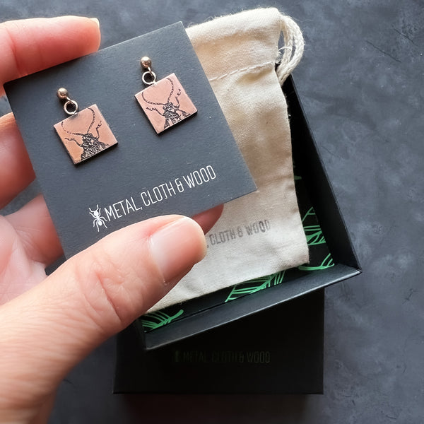 Handmade Copper and Rose Gold Filled Dangle Stud Earrings with Beetles -- Unique Bug Lover Gift!