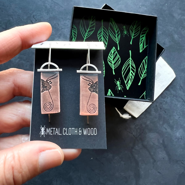 Handmade Moth Face Insect Jewelry Earrings in Antiqued Copper & Sterling Silver