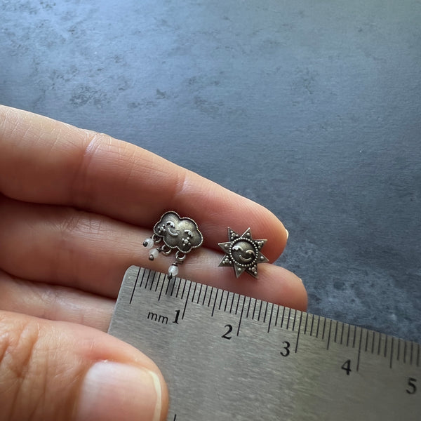 Sterling Silver Rain or Shine Celestial Sun and Cloud Mismatched Stud Earrings with Moonstone Raindrop Beads — Birthstone Customizable Gift