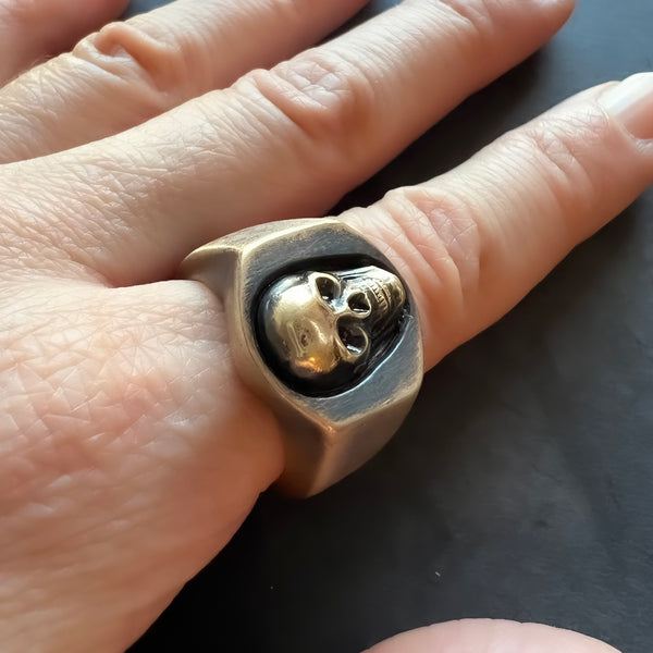 Skull Signet Ring – Chunky Bronze and Brass Ring – Gothic Skull Jewelry – Handmade Statement Ring – Unisex Signet – Bronze Skull Ring