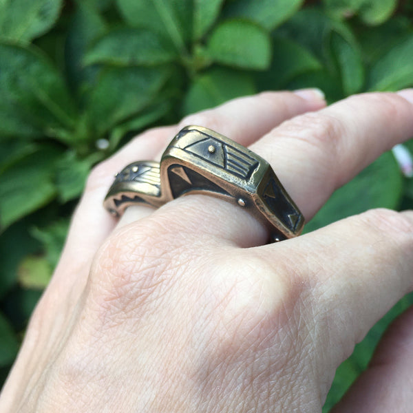 Handmade Bronze Double Ring – Custom Two-Finger Statement Ring for Women & Men, Bold Sculptural Jewelry, Made in USA