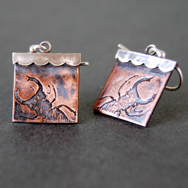 Stag Beetle Insect Jewelry Earrings in Sterling Silver & Copper