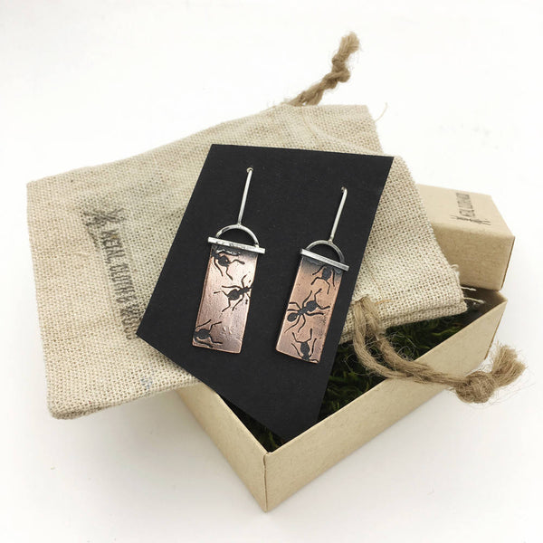 Copper and Sterling Silver Ant Dangle Insect Earrings