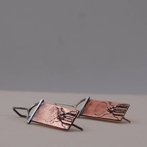 Handmade Antiqued Copper and Sterling Silver Beetle Insect Earrings