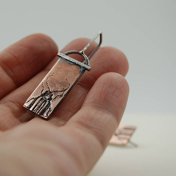 Handmade Antiqued Copper and Sterling Silver Beetle Insect Earrings