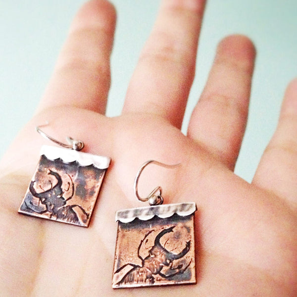 Stag Beetle Insect Jewelry Earrings in Sterling Silver & Copper