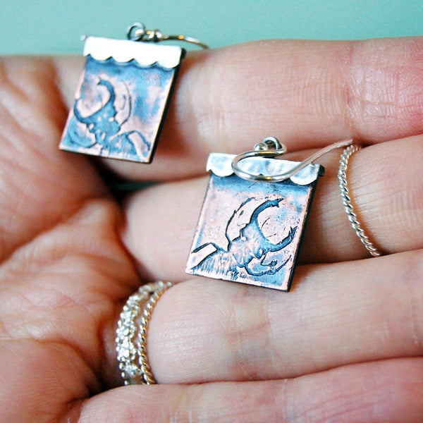 Stag Beetle Insect Jewelry Earrings in Sterling Silver & Copper