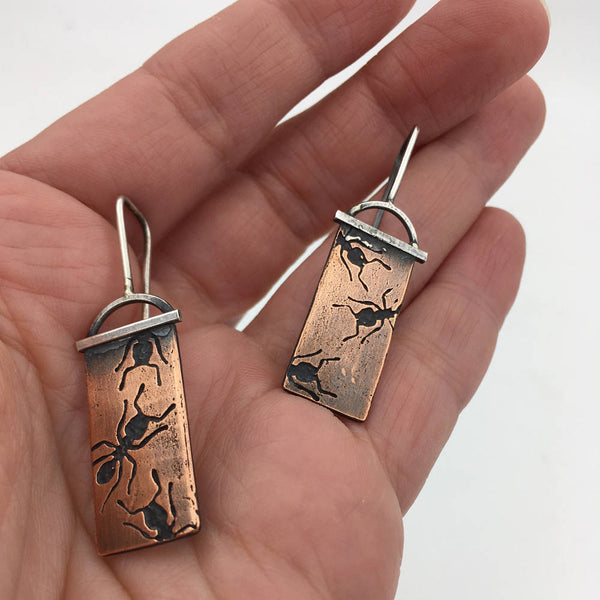 Copper and Sterling Silver Ant Dangle Insect Earrings