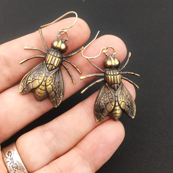 Brass Fly Insect Earrings