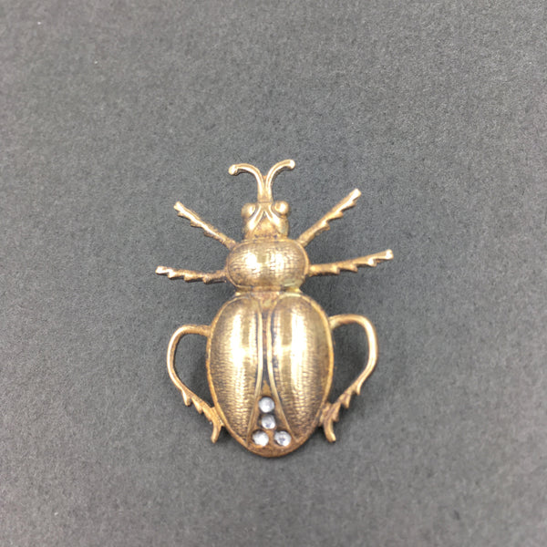 Brass and Rhinestone Scarab Beetle Insect Pin or Brooch