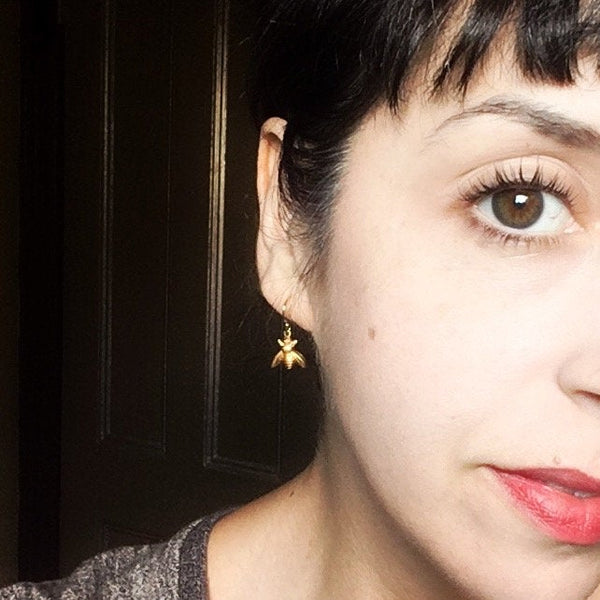 Brass and Gold Honeybee Insect Dangle Earrings