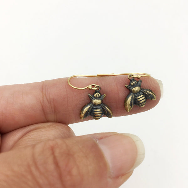 Brass and Gold Honeybee Insect Dangle Earrings