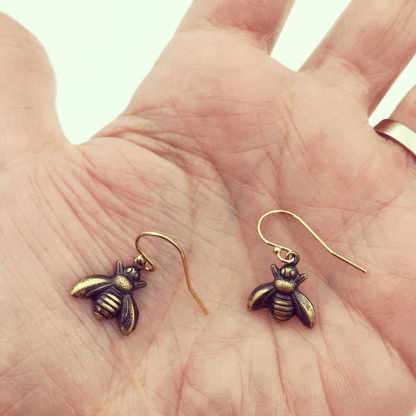 Brass and Gold Honeybee Insect Dangle Earrings