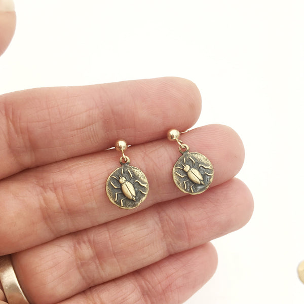 Brass and Gold Beetle Insect Coin Earrings