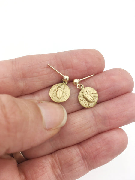 Brass and Gold Beetle Insect Coin Earrings
