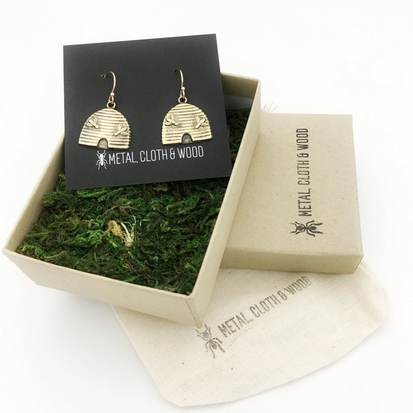 Brass and Gold Beehive Insect Earrings