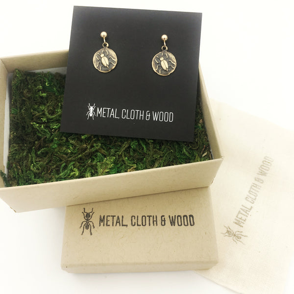 Brass and Gold Beetle Insect Coin Earrings