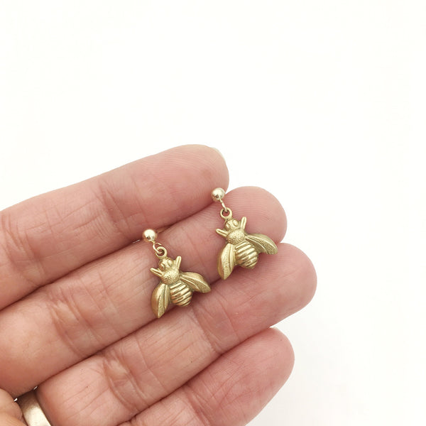 Brass and Gold Honeybee Dangle Post Insect Earrings