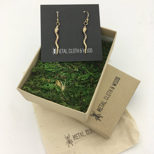Brass and Gold Snake Dangle Earrings
