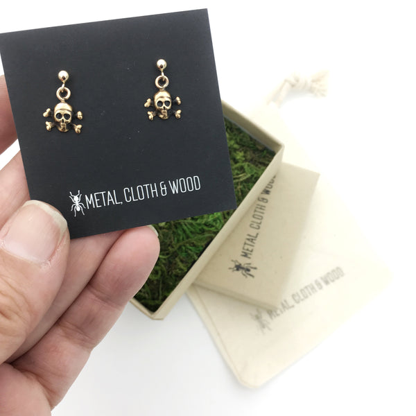 Gold Filled Post Earrings with Tiny Dangling Brass Skull and Crossbones Charms!