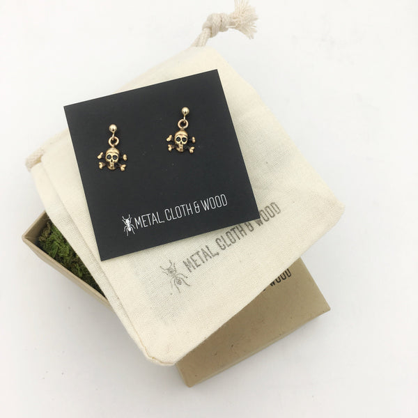 Gold Filled Post Earrings with Tiny Dangling Brass Skull and Crossbones Charms!