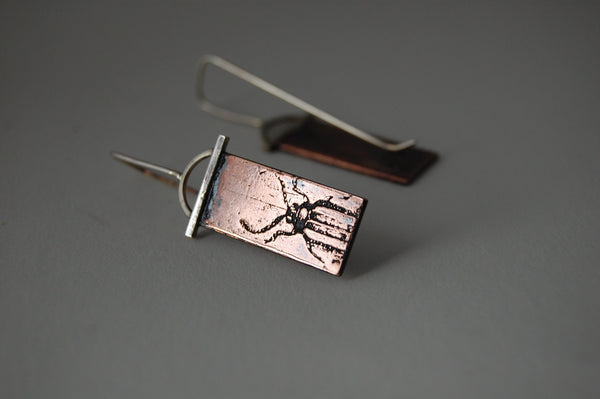 Handmade Antiqued Copper and Sterling Silver Beetle Insect Earrings