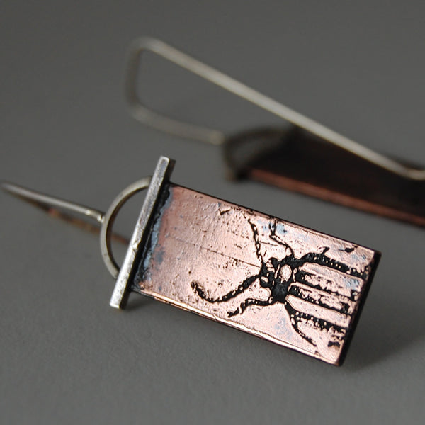 Handmade Antiqued Copper and Sterling Silver Beetle Insect Earrings