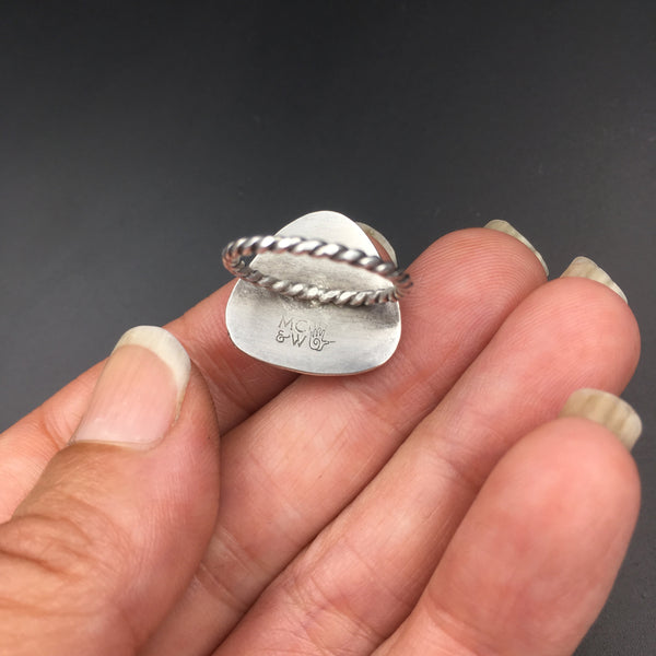 Handmade OOAK Sterling Silver Fossilized Dinosaur Bone Ring with Trillion Natural Fossil Dino Bone Cabochon