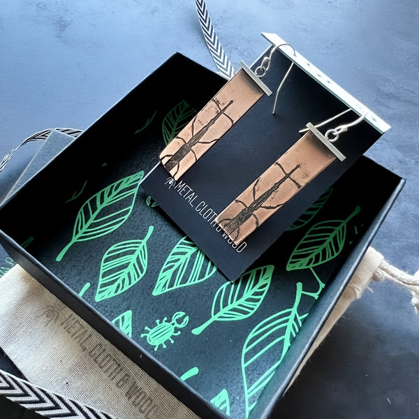 Handmade Giraffe Weevil Insect Earrings in Sterling Silver & Copper --  Unique Gift for Your Favorite Insect Lover!