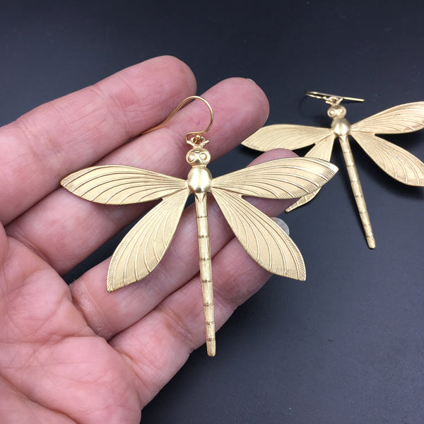 Brass Dragonfly Insect Earrings -- Available in Antiqued or Bright Gold!