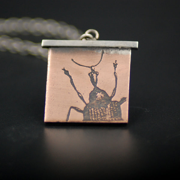 Handmade Snoutless Weevil Insect Necklace in Sterling Silver and Copper
