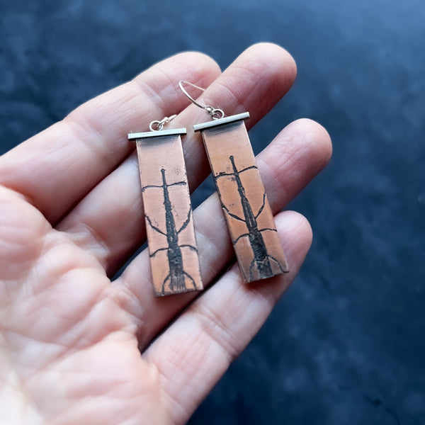 Handmade Giraffe Weevil Insect Earrings in Sterling Silver & Copper --  Unique Gift for Your Favorite Insect Lover!