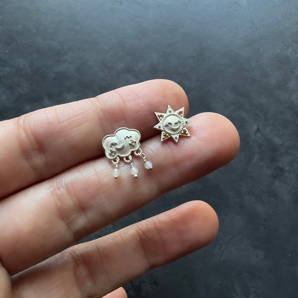 Sterling Silver Rain or Shine Celestial Sun and Cloud Mismatched Stud Earrings with Moonstone Raindrop Beads — Birthstone Customizable Gift