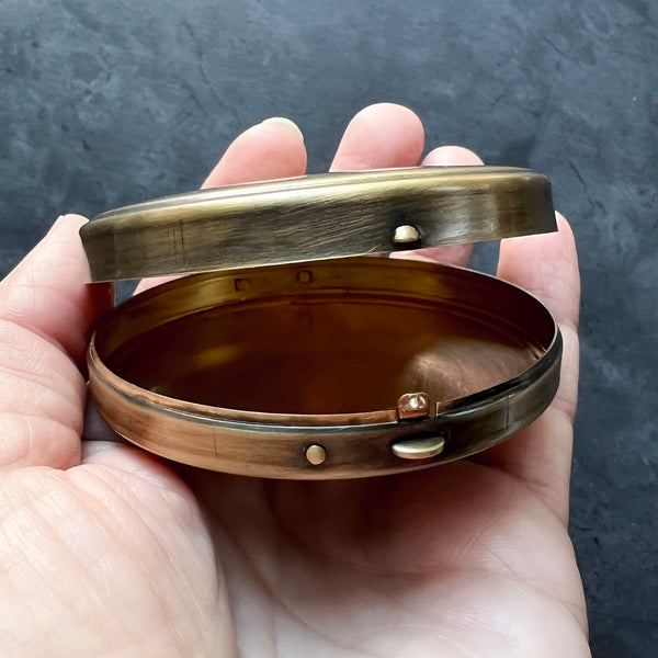 Customizable Round Brass Pill or Trinket Box with Your Choice of Engraving and/or Animal on Lid — Perfect Pillbox for Purse or Tote!