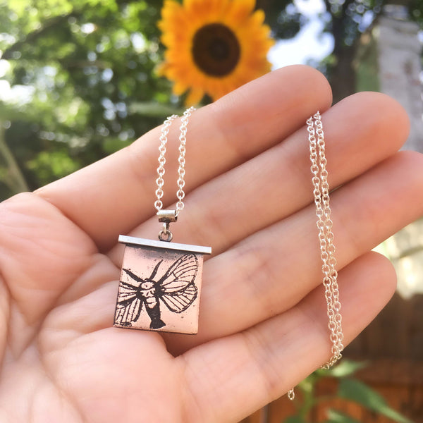 Handmade Hummingbird Moth Insect Necklace in Sterling Silver & Copper